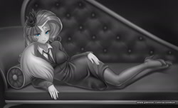 Size: 1649x1000 | Tagged: safe, alternate version, artist:racoonsan, rarity, human, g4, clothes, couch, draw me like one of your french girls, dress, fainting couch, fascinator, high heels, horn, horned humanization, humanized, looking at you, monochrome, necktie, neo noir, pantyhose, partial color, shoes, skirt, solo, stupid sexy rarity, suit