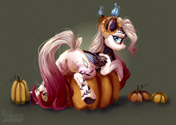 Size: 2049x1461 | Tagged: safe, artist:teaflower300, oc, oc only, pegasus, pony, butt, horns, lidded eyes, looking at you, looking back, open mouth, plot, pumpkin, scales, solo, underhoof