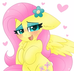 Size: 2585x2463 | Tagged: safe, artist:pegamutt, fluttershy, pegasus, pony, g4, bipedal, blushing, cute, cutie mark, daaaaaaaaaaaw, eyelashes, eyeshadow, floating heart, floppy ears, flower, flower in hair, heart, high res, lidded eyes, looking at you, makeup, open mouth, shyabetes, smiling, solo, wings