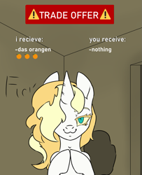 Size: 877x1080 | Tagged: safe, artist:2hrnap, oc, oc only, oc:dyxkrieg, exploitable meme, food, looking at you, magical lesbian spawn, meme, offspring, orange, parent:oc:dyx, parent:oc:luftkrieg, ponybooru import, trade offer