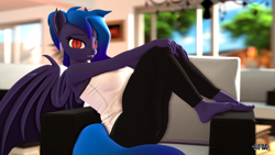 Size: 1920x1080 | Tagged: safe, artist:anthroponiessfm, oc, oc:wavelength, bat pony, anthro, plantigrade anthro, 3d, anthro oc, barefoot, bat pony oc, clothes, cute, feet, female, looking at you, nail polish, pants, shirt, source filmmaker, toenail polish