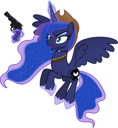 Size: 5829x6295 | Tagged: safe, artist:anime-equestria, princess luna, alicorn, pony, g4, angry, bullet belt, cowboy, cowboy hat, eyeshadow, female, gun, handgun, hat, horse shoes, jewelry, levitation, magic, makeup, necklace, revolver, simple background, solo, telekinesis, transparent background, vector, weapon, wild west, wings