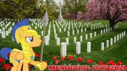 Size: 2064x1163 | Tagged: safe, artist:not-yet-a-brony, flash sentry, g4, 2021, arlington national cemetary, armor, flower, gravestone, graveyard, lyrics in the description, memorial day, spear, tree, weapon, youtube link in the description