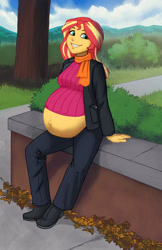 Size: 971x1500 | Tagged: safe, artist:olympic-dames, sunset shimmer, comic:inner thoughts, equestria girls, g4, autumn, belly, belly button, big belly, boots, bush, clothes, cloud, coat, complex background, high heels, leaves, looking at you, mama sunset, outie belly button, pants, pregnant, scarf, shoes, sidewalk, sitting, sky, smiling, sunset preggers, sweater, tree