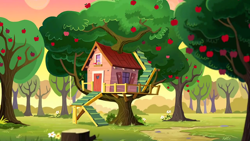 Size: 1280x720 | Tagged: safe, screencap, g4, on your marks, apple, apple tree, background, clubhouse, crusaders clubhouse, dawn, no pony, scenic ponyville, sweet apple acres, tree, tree stump