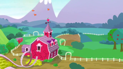 Size: 1280x720 | Tagged: safe, screencap, bird, g4, on your marks, apple, apple tree, background, hay bale, mountain, no pony, ramp, scenic ponyville, sweet apple acres, tree