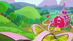 Size: 1280x720 | Tagged: safe, screencap, g4, on your marks, apple, apple tree, background, hay bale, mountain, ramp, scenic ponyville, sweet apple acres, tree