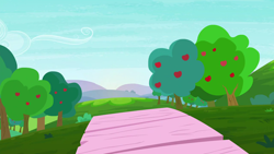 Size: 1280x720 | Tagged: safe, screencap, g4, on your marks, apple, apple tree, background, hill, no pony, scenic ponyville, sweet apple acres, tree