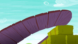 Size: 1280x720 | Tagged: safe, screencap, g4, on your marks, background, cloud, hay bale, no pony, scenic ponyville, sweet apple acres