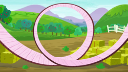 Size: 1280x720 | Tagged: safe, screencap, g4, on your marks, apple, apple tree, background, hay bale, hill, loop, mountain, scenic ponyville, sweet apple acres, tree