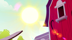 Size: 1280x720 | Tagged: safe, screencap, g4, on your marks, background, barn, lens flare, no pony, scenic ponyville, sun, sweet apple acres