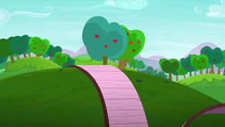 Size: 1280x720 | Tagged: safe, screencap, g4, on your marks, apple, apple tree, background, cloud, hill, no pony, ramp, scenic ponyville, sweet apple acres, tree