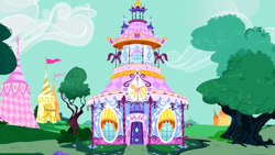 Size: 1280x720 | Tagged: safe, screencap, g4, on your marks, background, carousel boutique, cloud, no pony, ponyville, scenic ponyville, tree