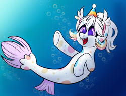 Size: 1280x974 | Tagged: safe, artist:marph92, oc, oc only, oc:confetti cupcake, seapony (g4), bubble, crepuscular rays, dorsal fin, fangs, fish tail, hat, ocean, open mouth, party hat, purple eyes, smiling, solo, swimming, tail, teeth, underwater, water