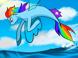 Size: 1280x945 | Tagged: safe, artist:folkloriankid, rainbow dash, pegasus, pony, seapony (g4), g4, my little pony: the movie, cloud, dorsal fin, female, fin wings, fins, fish tail, looking down, multicolored hair, ocean, pink eyes, seaponified, seapony rainbow dash, sky, smiling, solo, species swap, spread wings, tail, water, wings