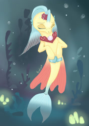 Size: 1280x1810 | Tagged: safe, artist:horytsvit, princess skystar, seapony (g4), g4, my little pony: the movie, bioluminescent, blue mane, bubble, coral, crepuscular rays, dorsal fin, eyes closed, female, fin, fin wings, fins, fish tail, flower, flower in hair, flowing mane, flowing tail, freckles, glowing, jewelry, necklace, ocean, pearl necklace, scales, seaweed, solo, swimming, tail, underwater, water, wings