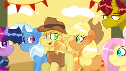 Size: 1024x576 | Tagged: safe, artist:llyly, applejack, braeburn, fluttershy, trixie, twilight sparkle, oc, oc:golden "goldie" touch, alicorn, pony, princess trixie sparkle, g4, blushing, female, male, straight, twilight sparkle (alicorn)