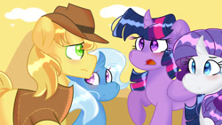 Size: 1024x576 | Tagged: safe, artist:llyly, braeburn, rarity, trixie, twilight sparkle, alicorn, pony, g4, blushing, braeburn gets all the mares, female, male, rariburn, shipping, straight, trixburn, twiburn, twilight sparkle (alicorn)