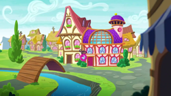 Size: 1280x720 | Tagged: safe, screencap, g4, on your marks, season 6, background, bridge, cloud, no pony, ponyville, river, scenic ponyville, tree