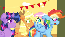 Size: 1024x576 | Tagged: safe, artist:llyly, applejack, fluttershy, rainbow dash, twilight sparkle, alicorn, earth pony, pegasus, pony, g4, female, mare, twilight sparkle (alicorn)