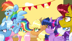 Size: 1024x576 | Tagged: safe, artist:lynchristina, applejack, fluttershy, pinkie pie, rainbow dash, rarity, trixie, twilight sparkle, oc, oc:golden "goldie" touch, alicorn, pony, princess trixie sparkle, g4, mane six, twilight sparkle (alicorn)