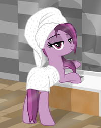 Size: 2522x3162 | Tagged: safe, artist:chomakony, oc, oc only, oc:ruby geminis, earth pony, pony, bathroom, bedroom eyes, clothes, earth pony oc, female, high res, lidded eyes, looking at you, mare, rear view, show accurate, towel, towel on head, wet, wet mane