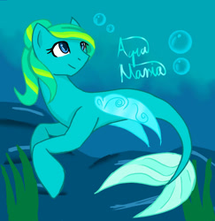 Size: 1358x1400 | Tagged: safe, artist:kernthefan23, oc, oc only, seapony (g4), blue eyes, bubble, female, fin wings, fish tail, looking up, ocean, seaweed, smiling, solo, tail, underwater, water, wings