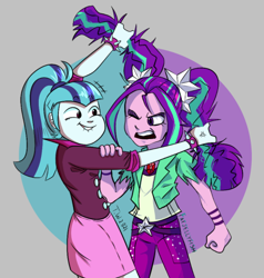 Size: 648x682 | Tagged: safe, artist:beefgummies, artist:fatjelyfish, aria blaze, sonata dusk, equestria girls, g4, my little pony equestria girls: rainbow rocks, angry, antagonist, bracelet, catfight, clothes, cute, disguise, disguised siren, eyebrows, eyebrows visible through hair, female, gem, grin, hair pulling, jewelry, lesbian, lip bite, one eye closed, open mouth, pigtails, ponytail, rolled up sleeves, ship:arisona, shipping, siren gem, skirt, smiling, stars, the dazzlings, villainess