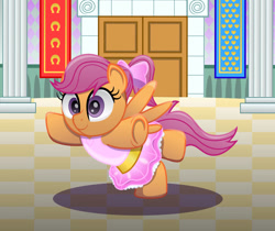 Size: 1250x1050 | Tagged: safe, alternate version, artist:spellboundcanvas, scootaloo, pegasus, pony, g4, ballerina, banner, bow, checkered floor, clothes, column, cute, cutealoo, dancing, door, dress, female, filly, hair bow, pillar, ponytail, scootarina, solo, standing, standing on one leg, tutu, wings