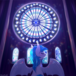 Size: 3000x3000 | Tagged: safe, artist:silbersternenlicht, oc, oc:sister note, bat pony, album cover, cathedral, church, high res, holly, praying