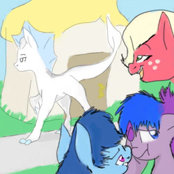 Size: 685x685 | Tagged: safe, artist:sonicsketcher64, oc, oc:applesauce, oc:diamond dazzle, oc:sapphire sparkle, oc:skyscope, dracony, hybrid, pegasus, pony, embarrassed, eyes on the prize, female, filly, freckles, interspecies offspring, male, offspring, parent:big macintosh, parent:fluttershy, parent:rainbow dash, parent:rarity, parent:soarin', parent:spike, parents:fluttermac, parents:soarindash, parents:sparity