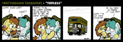 Size: 1024x352 | Tagged: safe, artist:bobthedalek, oc, oc only, oc:bubble pump, oc:clippy ticket, earth pony, pegasus, pony, comic:trottingham transport, bus, clothes, double entendre, hat, shirt, sweat, sweatdrop, we don't normally wear clothes
