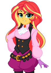 Size: 1014x1438 | Tagged: safe, artist:rosemile mulberry, sunset shimmer, equestria girls, g4, ascot, belt, broach, bullet, clothes, cosplay, costume, eyelashes, female, gloves, haru okumura, jabot, looking at you, persona, persona 5, persona 5 noir, raised eyebrow, simple background, solo, waistcoat, white background