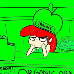 Size: 1024x1024 | Tagged: safe, artist:tjpones edits, color edit, edit, apple bloom, equestria girls, g4, apple, cash register, colored, female, food, freckles, grumpy, hand on chin, hat, solo