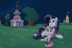 Size: 2048x1349 | Tagged: safe, artist:biocrine, rarity, sweetie belle, pony, unicorn, g4, carousel boutique, duo, female, filly, lying down, mare, night, pointing, scenery, shooting star, siblings, sisters, stargazing, starry sky, underhoof