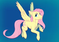Size: 3499x2500 | Tagged: safe, artist:klarapl, fluttershy, pegasus, pony, g4, ear fluff, female, flying, gradient background, high res, looking at you, mare, smiling, solo, spread wings, three quarter view, wings