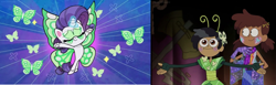 Size: 2075x642 | Tagged: safe, edit, edited screencap, screencap, rarity, butterfly, human, pony, unicorn, communication shakedown, g4.5, my little pony: pony life, spoiler:amphibia, spoiler:pony life s02e18, amphibia, anne boonchuy, butterfly wings, comparison, duo, duo female, eyes closed, female, glowing horn, horn, magic, magic aura, marcy wu, solo, spoilers for another series, wings