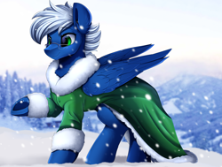 Size: 3450x2609 | Tagged: safe, artist:pridark, oc, oc only, pegasus, pony, clothes, commission, glasses, green eyes, high res, large wings, male, snow, snowfall, solo, underhoof, wings