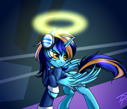 Size: 1880x1600 | Tagged: safe, artist:ktk's sky, oc, oc only, alicorn, pony, alicorn oc, clothes, halo, headset, horn, male, shirt, solo, stallion, wings