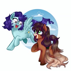 Size: 1440x1440 | Tagged: safe, artist:saltysel, oc, oc only, earth pony, pegasus, pony, cloud, collaboration, duo, earth pony oc, eyelashes, flying, glasses, hoof on chest, looking back, open mouth, pegasus oc, raised hoof, smiling, wings