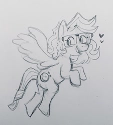 Size: 827x918 | Tagged: safe, artist:saltysel, oc, oc only, pegasus, pony, female, flying, glasses, heart, lineart, looking back, mare, pegasus oc, solo, traditional art