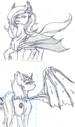 Size: 815x1387 | Tagged: safe, artist:cindertale, oc, oc only, alicorn, bat pony, bat pony alicorn, pony, bat pony oc, bat wings, duo, horn, lineart, male, one wing out, stallion, traditional art, wings