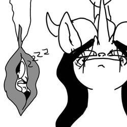 Size: 640x640 | Tagged: safe, artist:_goddesskatie_, oc, oc only, alicorn, changeling queen, pony, alicorn oc, bust, changeling queen oc, cocoon, female, grayscale, horn, mare, monochrome, onomatopoeia, sleeping, sound effects, wings, zzz