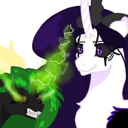Size: 622x622 | Tagged: safe, alternate version, artist:_goddesskatie_, oc, oc only, alicorn, changeling queen, pony, alicorn oc, angry, bust, changeling queen oc, duo, female, green changeling, horn, mare, wings