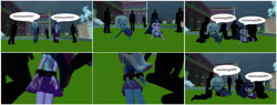 Size: 1450x551 | Tagged: safe, artist:brightstar40k, trixie, twilight sparkle, equestria girls, g4, 3d, arm behind back, bondage, canterlot high, cloth gag, comic, criminal, cuffs, gag, gagging, help us, mask, muffled words, restrained, source filmmaker, tied up, wondercolt statue