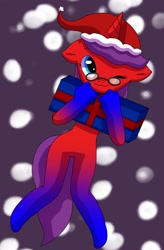 Size: 1080x1651 | Tagged: safe, artist:fruiitypieq, artist:shycookieq, oc, oc only, pony, unicorn, base used, christmas, commission, female, glasses, hat, holiday, horn, present, santa hat, solo, unicorn oc, ych result