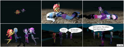 Size: 1450x551 | Tagged: safe, artist:brightstar40k, starlight glimmer, sunset shimmer, trixie, twilight sparkle, equestria girls, g4, 3d, ankle cuffs, arm behind back, bondage, boots, bound and gagged, chains, cloth gag, comic, cuffs, eyes closed, gag, good end, peril, rescue, shoes, source filmmaker, swimming, tied up, underwater, untying