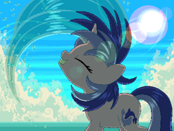 Size: 800x600 | Tagged: safe, artist:rangelost, sea swirl, seafoam, pony, unicorn, cyoa:d20 pony, g4, background pony, cloud, eyes closed, female, lens flare, mane flip, mare, ocean, outdoors, pixel art, sky, solo, standing, sun, wet, wet mane