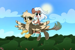 Size: 2048x1375 | Tagged: safe, artist:kittyrosie, oc, oc:dillinger, oc:faline, deer, deer pony, griffon, original species, cute, deer oc, duo, flying, forest, forest background, griffon oc, ocbetes