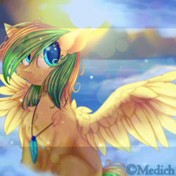 Size: 2449x2449 | Tagged: safe, artist:mediasmile666, oc, oc only, pegasus, pony, backlighting, cloud, feather, female, floppy ears, high res, jewelry, mare, ocean, pendant, sitting, sky, spread wings, wings